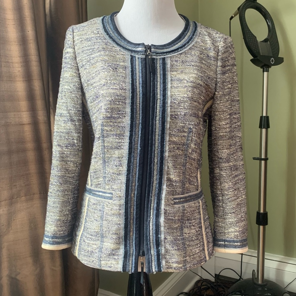 Basler Black Sz 34 ~US 2/4 Tweed Collarless Zip Blazer Jacket 3/4 sleeve